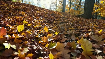 Poster - Colorful autumn leaves blanket forest floor in warm hues, illuminated by sunlight. Perfect for enjoying peaceful outdoor season change