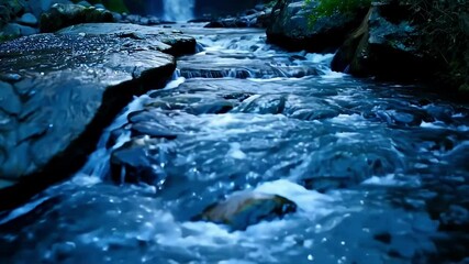 Poster - Rushing water over rocks in a wild river scene, with a majestic waterfall in the background, creating mesmerizing motion in lush greenery. Perfect for peaceful outdoor adventures