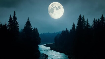 Aufkleber - Mystical scene unfolds with a river flowing through a forest under the full moon, casting a serene ambiance with trees reflecting in the water