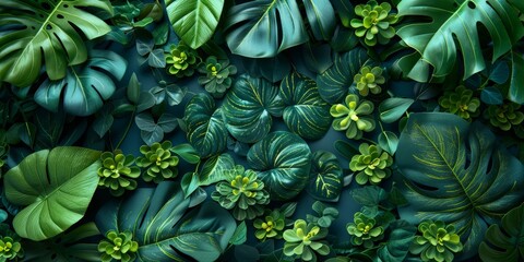 Lush green tropical leaves and succulents creating a vibrant jungle backdrop.