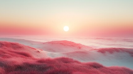 Poster - Vibrant pink sunset over grassy sand dunes near the ocean, creating a serene and tranquil scene for a relaxing summer evening outdoors