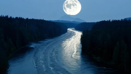 Poster - Breathtaking night scene featuring a winding river reflecting the bright light of a full moon, surrounded by a lush green forest