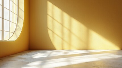 Poster - Sunlight streams into a yellow room through a semicircular window, creating a bright, airy space with modern design and peaceful ambiance. Perfect for home, office, or studio