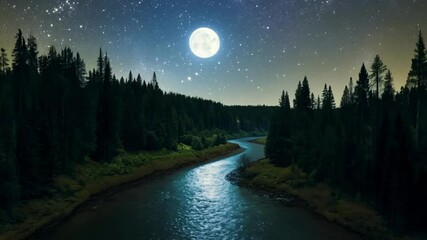 Poster - Mesmerizing view of a winding river flowing through a dense forest under the bright light of a full moon and a starry night sky
