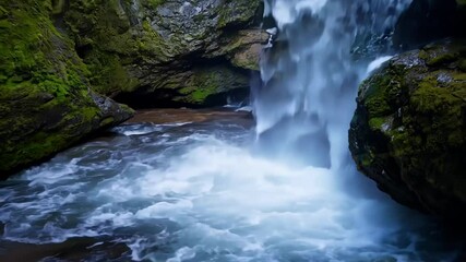 Aufkleber - Powerful waterfall is flowing down mossy rocks into a raging river below, creating a sense of raw power and beauty. The long exposure photography captures the silky smooth water in motion