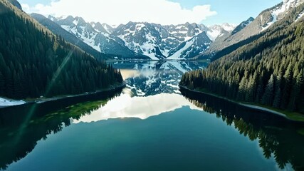 Poster - Serene mountain lake reflects snow capped peaks and lush green forest under a clear sky, creating a peaceful scene for travelers seeking idyllic scenery outdoors