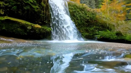 Aufkleber - Beautiful waterfall cascades over moss covered rocks and forms a crystal clear pond surrounded by the colorful foliage of an autumn forest