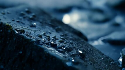 Aufkleber - Close up of water droplets forming on the dark surface of a rock, with a shallow depth of field and cool blue color grading