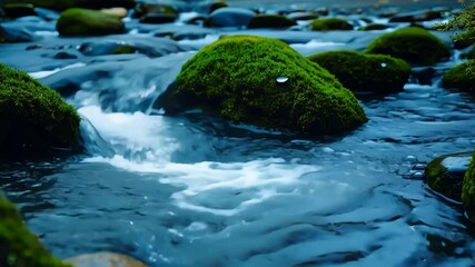 Aufkleber - Water gently cascades over moss covered rocks in a serene nature setting, creating a soothing blue hue, perfect for relaxation