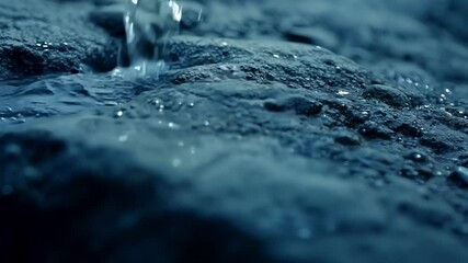 Aufkleber - Water gently cascades over smooth rocks, creating a small, bubbling waterfall with a dark blue hue contrasting the earthy tones, reflecting the surrounding mountain landscape