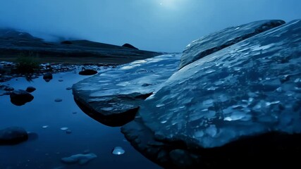 Poster - The moon is reflecting on the surface of a pond in a mountain landscape at night, creating a mystical and serene atmosphere