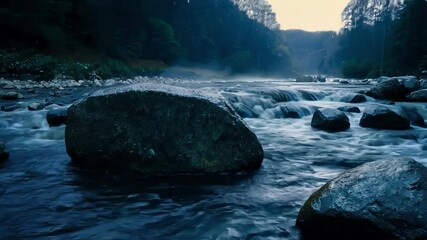 Poster - Tranquil river flows gently around moss covered rocks in a serene forest, creating a peaceful atmosphere with shades of blue and green reflecting in the twilight