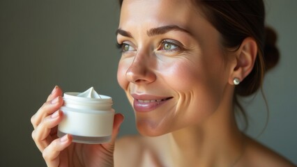 A well-groomed middle-aged woman holds a jar of face cream around her eyes in her hands. Place for text. Advertising space