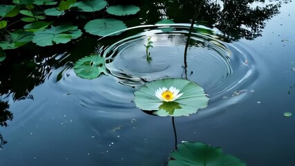 Poster - White lotus flower blooming in a pond surrounded by lily pads, creating a serene and tranquil atmosphere. The reflection of the trees in the water adds to the peaceful ambiance