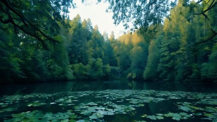 Aufkleber - Green water lily pads peacefully float on a tranquil pond, reflecting lush trees and a sunny sky on a beautiful day, creating a serene and idyllic environment perfect for backgrounds or wallpapers