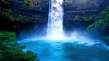 Poster - Sunlit waterfall cascading into blue river in lush rainforest, creating powerful natural beauty. Ideal for nature lovers exploring outdoors