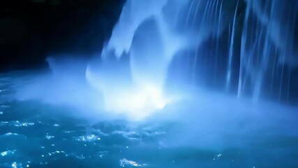 Aufkleber - Powerful waterfall cascading into a serene pool. Creating misty fog and calming blue light at night. Highlighting nature's beauty in raw form with flowing water. Rocky cliff