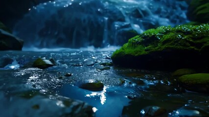Aufkleber - Water is flowing over rocks in this mountain river with a waterfall in the background. The mossy rocks and blue water create a serene and peaceful scene