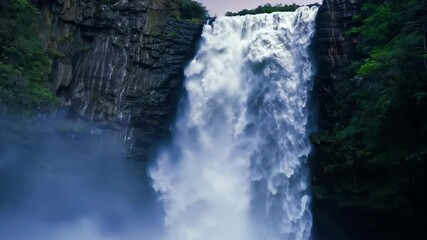 Poster - Powerful waterfall cascading down a steep cliff with the full moon rising above the horizon, creating a mystical and serene atmosphere