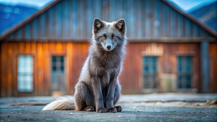 Wall Mural - symmetrical arctic blue fox with dark grey fur in pyramiden, spitsbergen