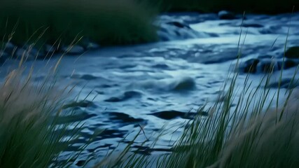 Poster - Green grass swaying by river at dusk, tranquil waters reflecting blue sky, creating serene nature scene perfect for tranquility seekers