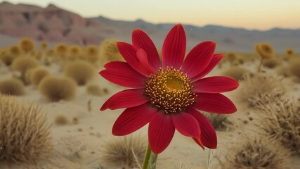 Aufkleber - Vibrant red flower blooms in the arid  desert, showcasing nature's resilience in a harsh environment