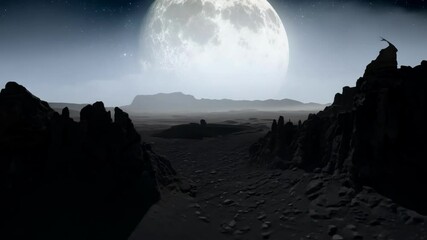 Aufkleber - The full moon softly glows over a rocky alien planet, revealing tall formations stretching into the dark sky, creating a mysterious, fantasy like scenery perfect for space enthusiasts