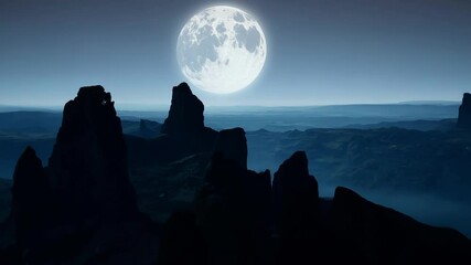 Poster - Bright full moon shines over a stunning mountain landscape, casting long shadows and filling the night sky with a mesmerizing glow