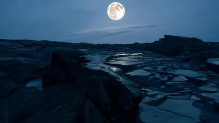 Poster - Full moon is illuminating a rocky coastline at night, creating a mystical and serene atmosphere. The moon's reflection is shimmering on the water that has collected in the crevices of the rocks