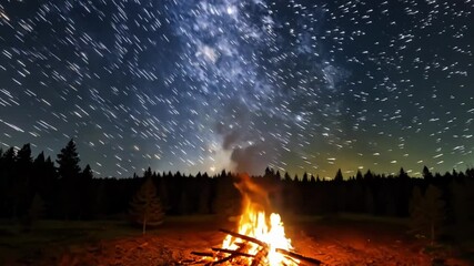 Aufkleber - Bonfire is burning brightly, casting warm light on the forest floor and contrasting with the cool, distant light of the milky way above
