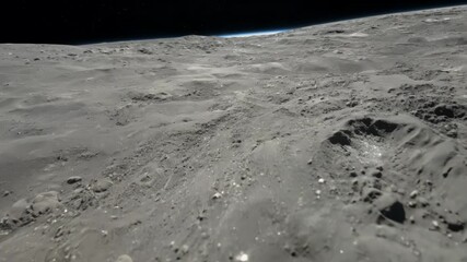 Poster - Spacecraft is approaching the surface of the moon, providing a stunning view of the desolate, cratered landscape and the curvature of the horizon