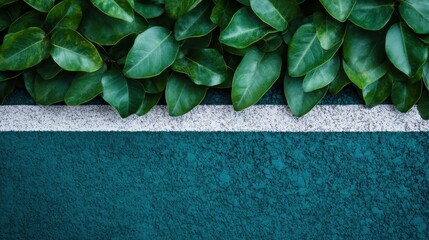 A close-up image capturing lush green leaves overlapping a weathered teal surface, divided by a stark white line, highlighting contrast and simplicity.