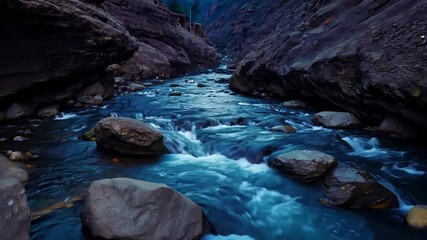 Poster - Rushing blue water flows through a canyon surrounded by cliffs as the last light of day illuminates the top of the canyon walls