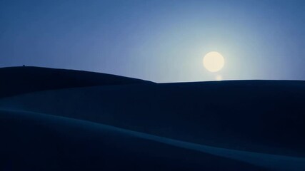 Poster - Bright sun is casting its morning glow over a dark silhouette of rolling sand dunes, creating a beautiful contrast in a desolate landscape
