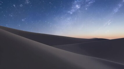 Poster - The milky way is shining above the sand dunes, illuminating the desert landscape with a magical glow as the sky transitions from night to day