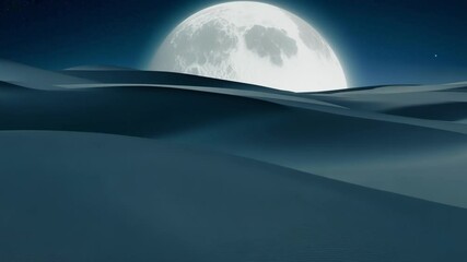 Poster - Bright full moon rises over sand dunes in a dark desert landscape, illuminating the arid wilderness with a serene glow. Stars fill the night sky, creating a breathtaking celestial scene
