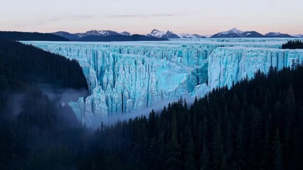 Poster - The sun rising or setting, low fog through evergreen trees, blue glacier ice, serene twilight, snowy mountains, 's inspiring landscape for adventurers