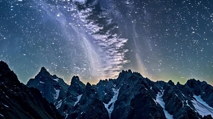 Poster - Mesmerizing night sky above snow capped mountains, showcasing the beauty of the milky way galaxy. Nature and space harmonize in this breathtaking scene
