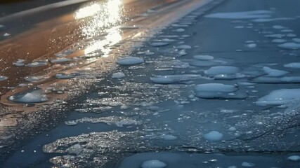 Aufkleber - Sun reflecting on frozen water, creating abstract ice pattern with golden sunset light and blue hues. Glistening ice in tranquil winter setting, ideal for creative projects
