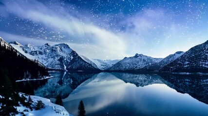 Aufkleber - Snow covered mountains are reflecting in a calm lake under a night sky full of stars. The faint light of dawn is illuminating the peaks of the mountains