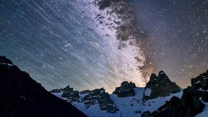 Aufkleber - Capturing the majestic milky way above snowy mountains on a starry night, this peaceful scene invites viewers to explore the wonders of the universe from a high peak