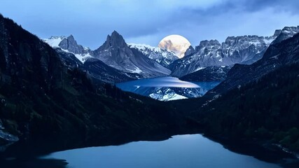 Poster - The full moon is rising over a snow capped mountain range with its reflection shimmering on the surface of a clear blue lake