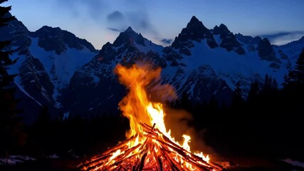 Aufkleber - Bright bonfire glows in front of snowy mountains, casting a warm light on the cold night. Flames dance in the forest, adding magic to the serene winter scene