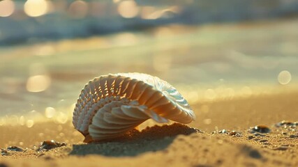 Poster - Serene beach scene at sunset with a glowing seashell, gentle waves, and golden light