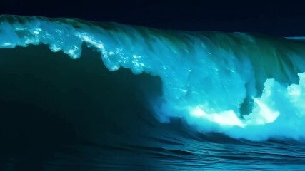 Aufkleber - Powerful ocean wave crashes at night, glowing with blue bioluminescent plankton, capturing the raw energy and beauty of nature