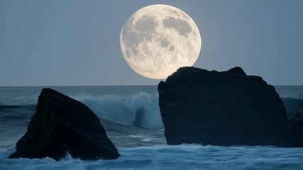 Aufkleber - Breathtaking supermoon is rising above the ocean horizon, casting a magical glow on the waves crashing against the dark silhouettes of rocks