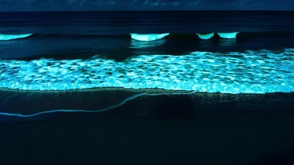 Aufkleber - Glowing blue bioluminescent plankton light up dark ocean waters, casting a mesmerizing glow on a tropical beach at night, creating a serene atmosphere perfect for relaxation and wonder