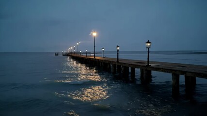 Aufkleber - Serene wooden pier extends over calm ocean waters at twilight, illuminated by lampposts, creating a peaceful evening scene perfect for a relaxing stroll by the sea
