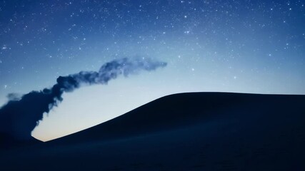 Poster - Peaceful desert landscape at dusk with a single cloud drifting in the starry sky above sand dunes, creating a serene and tranquil scene with a gradient of colors from orange to blue