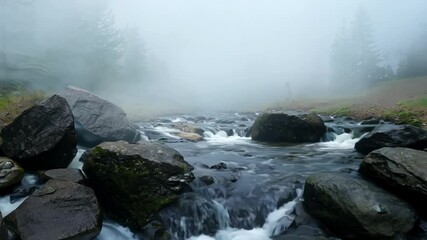 Aufkleber - Tranquil mountain river flows over smooth rocks, surrounded by fog and lush forest, creating a serene and idyllic scene in nature